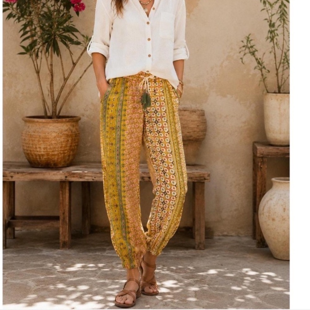 Sundance Women L Mustard Yellow Mixed Floral Cotton Boho Jogger Pants Tassels